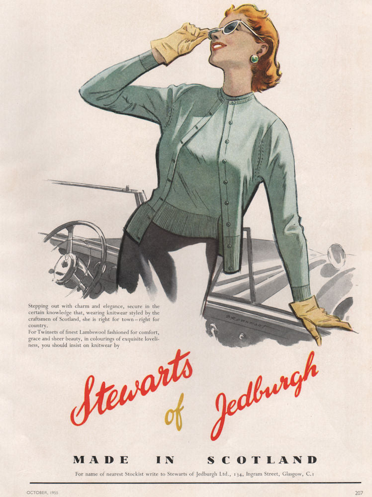 Stewarts of Jedburgh. Made in Scotland. Fashion advert. BRITISH VOGUE 1955